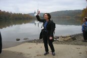 Dr. Devra Davis on the Monongahela River across from Donora, PA.